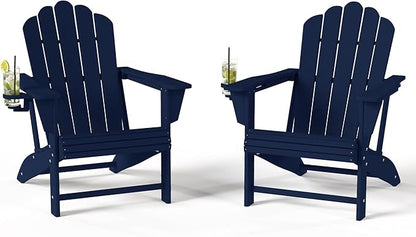 Costaelm Lakeview Outdoor Patio HDPE Adirondack Chairs with Cup Holders (Set of 2), Navy Blue