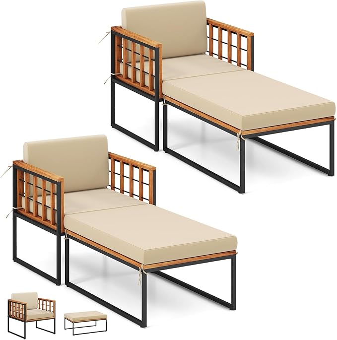 Tangkula Outdoor Chaise Lounge Chair, Acacia Wood Heavy Duty 1200 lbs Weight Capacity Wooded Patio Chair and Ottoman Set for Backyard, Poolside, Garden Deck or Balcony