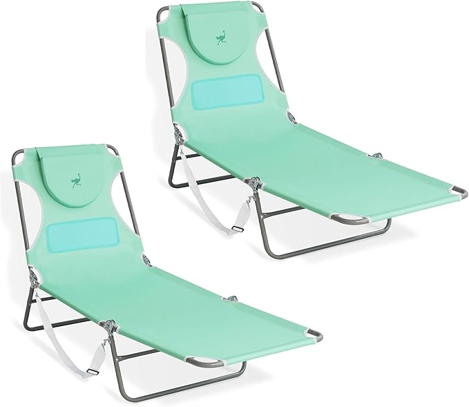 Ostrich Chaise Lounge Outdoor Lightweight Folding Adjustable Reclining Beach Chair for Tanning Pool Lake Patio Lawn Camping, Teal (2 Pack)