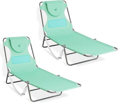 Ostrich Chaise Lounge Outdoor Lightweight Folding Adjustable Reclining Beach Chair for Tanning Pool Lake Patio Lawn Camping, Teal (2 Pack)