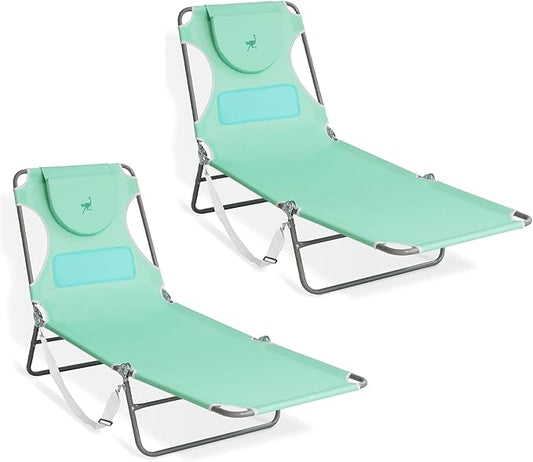 Ostrich Chaise Lounge Outdoor Lightweight Folding Adjustable Reclining Beach Chair for Tanning Pool Lake Patio Lawn Camping, Teal (2 Pack)