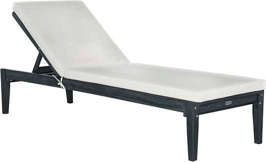 SAFAVIEH Outdoor Collection Arcata Dark Slate Grey Solid Wood/Beige Cushion Adjustable Chaise Lounge Chair (PAT6730K)