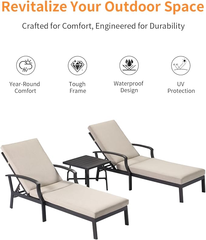 3 Pieces Outdoor Chaise Lounge Set, Aluminum Pool Lounge Chairs with Side Table, Patio Lounge Chairs with Gray Cushions, Outdoor Lounger Pool Furniture Set for Poolside, Beach, Yard, Gunmetal