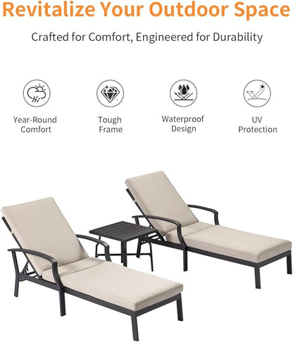 3 Pieces Outdoor Chaise Lounge Set, Aluminum Pool Lounge Chairs with Side Table, Patio Lounge Chairs with Gray Cushions, Outdoor Lounger Pool Furniture Set for Poolside, Beach, Yard, Gunmetal