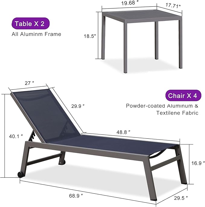 PURPLE LEAF 6-Piece Outdoor Chaise Lounge Oversized Pool Lounge Chairs with Easy-to-Move Wheels and Adjustable Backrest - Photo 9