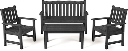 Stoog 4-Piece Patio Furniture Set, All-Weather Outdoor Dining Set, Include 1 Outdoor Bench, 2 Outdoor Chairs and 1 Coffee Table, Black