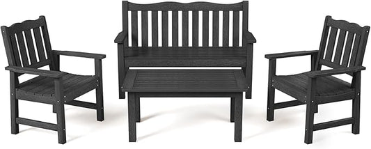 Stoog 4-Piece Patio Furniture Set, All-Weather Outdoor Dining Set, Include 1 Outdoor Bench, 2 Outdoor Chairs and 1 Coffee Table, Black