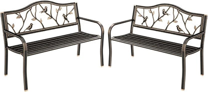 MFSTUDIO Outdoor Metal Bench Set of 2, 50" Outdoor Garden Bench, Patio Metal Frame Park Bench with Bird Pattern Backrest for Porch, Lawn, Deck, Bronze