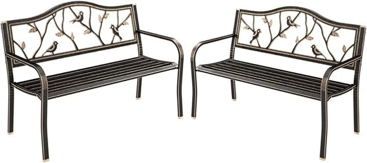 MFSTUDIO Outdoor Metal Bench Set of 2, 50" Outdoor Garden Bench, Patio Metal Frame Park Bench with Bird Pattern Backrest for Porch, Lawn, Deck, Bronze