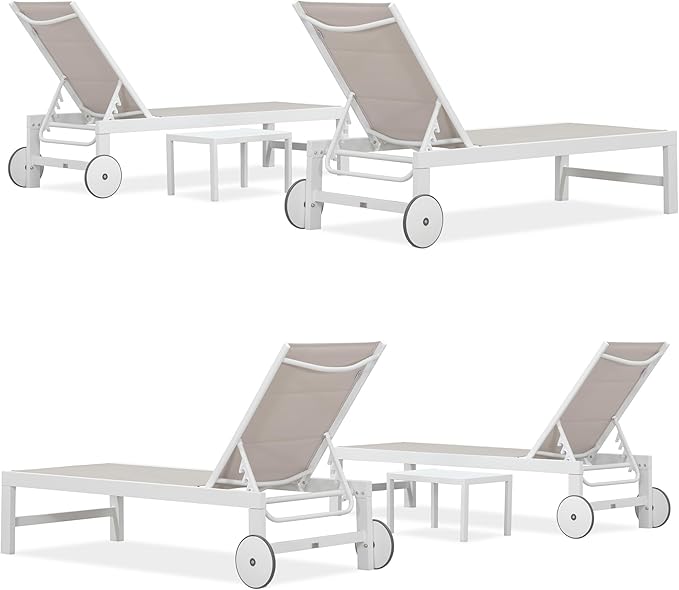 PURPLE LEAF Outdoor Chaise Lounge Set Elderly-Friendly Straight Legs Adjustable Sunbathing Recliner with Side Table for Back Support Poolside Beach Patio Lounge Chairs Khaki 2 Sets