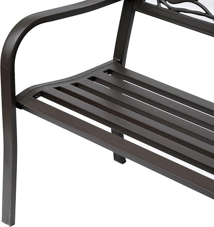 50" Cast Steel Metal Garden Bench, Floral Pattern for Yard, Lawn, Porch Porch, Brown