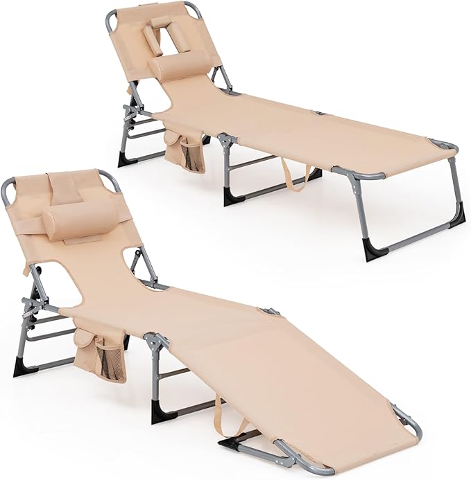 Goplus Tanning Chair with Face Hole, Foldable Adjustable Beach Chaise Lounger w/Arm Hole - Photo 1
