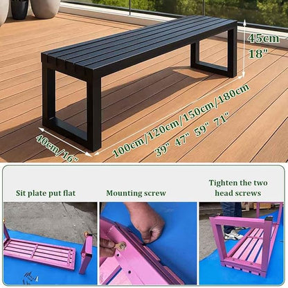 Patio Benches for Outdoors Metal Garden Bench 39" 47" 59" 71" Porch Furniture 2-4 Seating Without Backrest Weatherproof for Park Lawn Garden Yard Tennis Court Seater Chair(Black,3.3ft)
