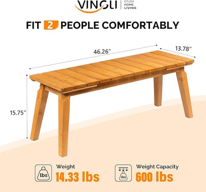 VINGLI Outdoor Wooden Bench, 45” 2-Person Backless Dining Bench, Weatherproof Outdoor Patio Bench for Porch Entryway Garden (2, Teak)