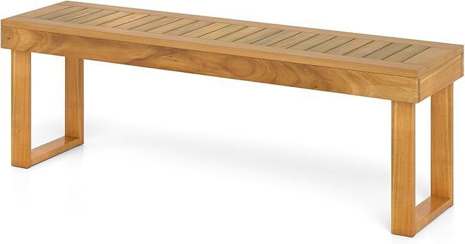 HAPPYGRILL Outdoor Acacia Wood Bench for 3-Person Patio Backless Farmhouse Bench with Slatted Seat, 800 LBS Heavy Duty Dining Bench for Entryway Porch Dining Room (1)