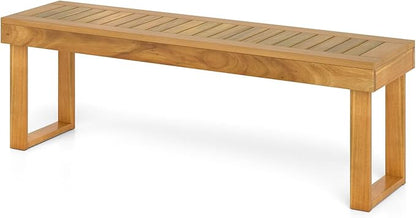 HAPPYGRILL Outdoor Acacia Wood Bench for 3-Person Patio Backless Farmhouse Bench with Slatted Seat, 800 LBS Heavy Duty Dining Bench for Entryway Porch Dining Room (1)
