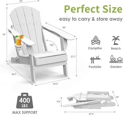 Folding Adirondack Chairs Set of 2, Plastic Outdoor Patio Chairs with Cup Holder, Wood-Textured with Large Seat for Poolside Backyard Lawn, White