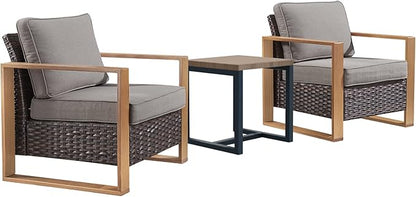 Rilyson 3 Piece Wicker Patio Furniture Set,Patio Bistro Set with 2 Rattan Armrest Chairs and 1 Side Table,Sturdy Frame,All-Weather PE Wicker,Wide Armrest,Deep Seating and Thick Cushions(Brown/Grey)