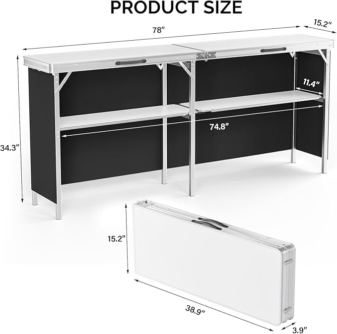 VINGLI 43" Portable Bar Table, 3-Tier Shelves, Carry Bag，Mobile Bar Table for Events, Party, Camping, Picnic, Tradeshow - Photo 3