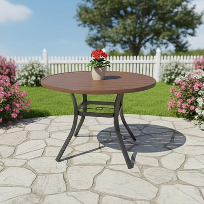 Round Outdoor Dining Table, 41-inch All-Weather Patio Table with Adjustable Umbrella Hole for Deck Lawn Garden Backyard Balcony Deck, Metal Frame Slatted Tabletop