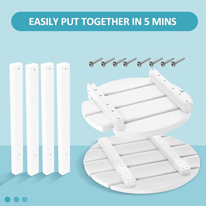 2 Tier Round Outdoor Side Table with Wood-Like Grain, 17.7" HDPE Adirondack Table Patio Side Table, Weather Resistant End Table for Pool, Patio & Porch, Small Outdoor Table (White, Round)