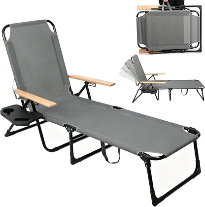 Folding Outdoor Chaise Lounge Chair, Portable Camping Cot with Headrest, 4 Position Beach Lounge with Cup Holders & Wooden Armrests, Sun Tanning Chair for Patio Pool Lawn, Supports 350lbs (Grey)