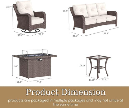 5 Piece Patio Furniture Set with Fire Pit Table, All-Weather Wicker Outdoor Conversation Set with Swivel Rocking Chair and 6 Inch Thick Cushions