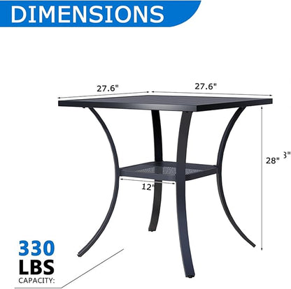27.5'' Outdoor Patio Table with Storage Shelf, Heavy Duty 400lbs Capacity Square Metal Garden Table, All-Weather Black Tabletop for Deck, Balcony, Bistro, 2-4 Person