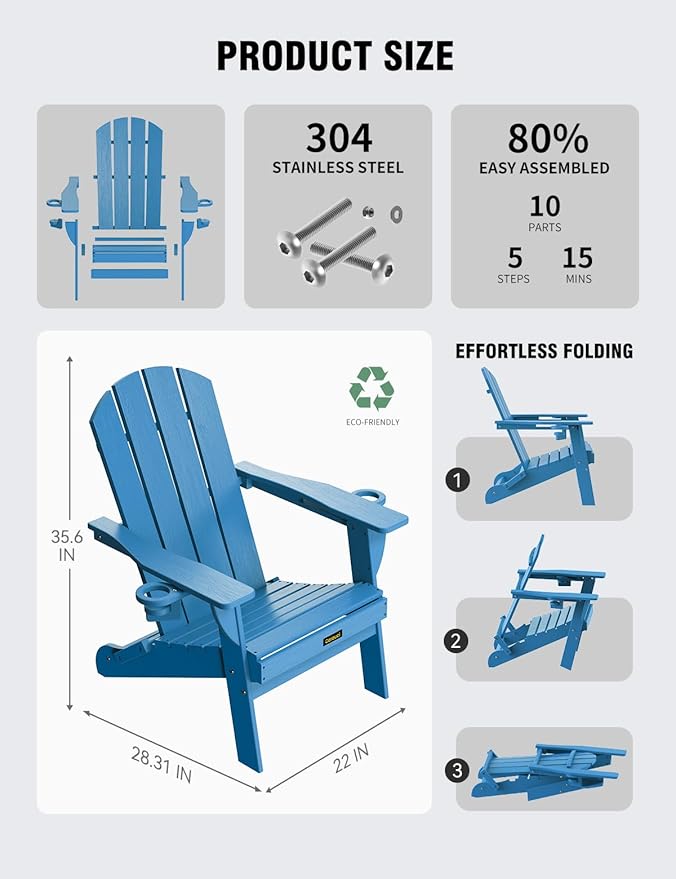 Folding Adirondack Chair Set of 2, Wooden Textured Plastic Adirondack Chairs with 2 Cup Holder, Weather Resistant HDPE Fire Pit Chair, Outdoor Patio Chairs for Garden, Backyard, Lawn, Deck, Blue