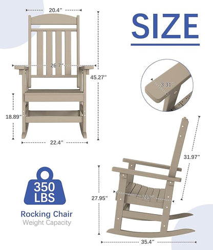 FOOWIN Outdoor Rocking Chair, High Back Patio Rocking Chair, HDPE All Weather Resistant Porch Rocker for Adult, Oversized Rocking Chairs for Garden, Lawn, Indoor & Outdoor Use, Brown