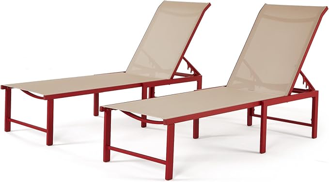 Lounge Chair Outdoor Set of 2, Foldable & Assembly Free Aluminum Chaise Lounge Chair with 5-Position Recliner, Pool Lounge Chairs for Outside Poolside Beach Lawn (Red)