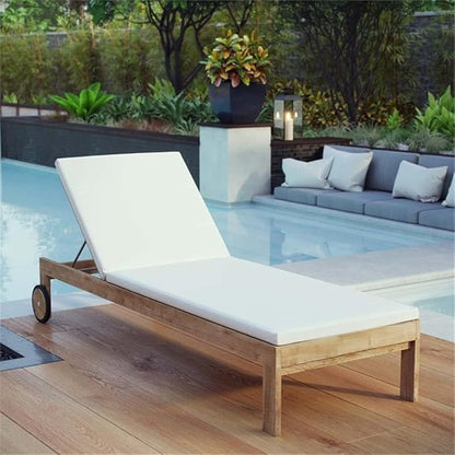 Pemberly Row Solid Teak Wood Outdoor Patio Chaise Lounge, Natural/White Finish, Adjustable Height, Water/UV Resistant Cushions, Mobile Wheels, Machine Washable Covers, 15.5-38.5" H x 28.5" W x 82" D