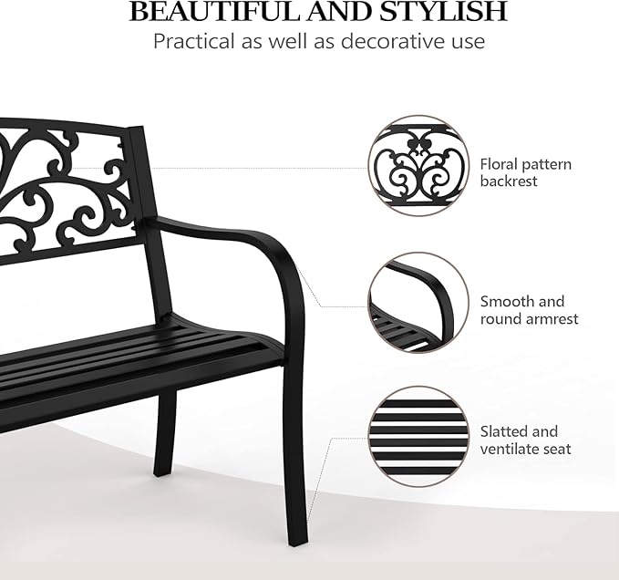 VINGLI Outdoor Bench, Metal Frame Garden Bench with PVC Floral Back Pattern and Slatted Seat, Black Patio Benches for Front Proch Entryway Park