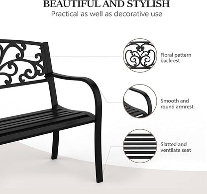 VINGLI Outdoor Bench, Metal Frame Garden Bench with PVC Floral Back Pattern and Slatted Seat, Black Patio Benches for Front Proch Entryway Park