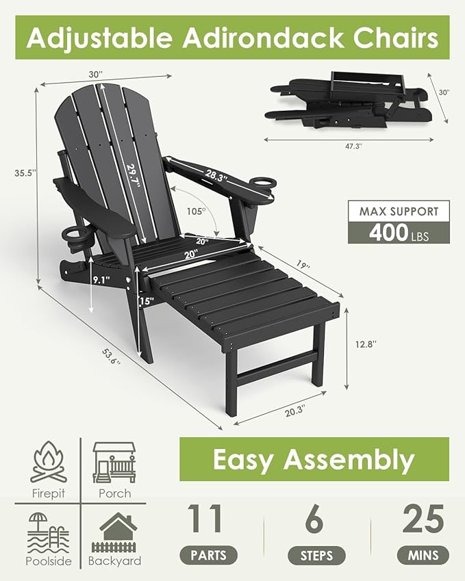 GREENVINES Adjustable Adirondack Chair with Retractable Ottoman Set of 2 | Folding | HDPE Plastic - Photo 3