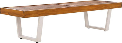 SAFAVIEH Outdoor Patio Furniture Heather Natural Brown Solid Wood & White Legs 60-inch Steel Bench