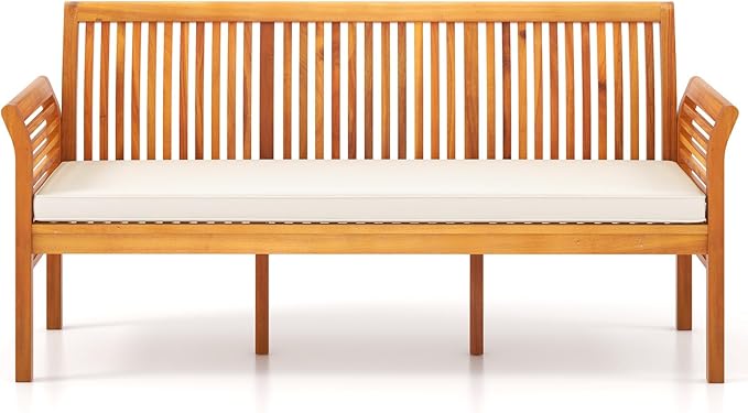 HAPPYGRILL 3-Person Outdoor Bench Acacia Wood Porch Bench, Garden Bench with High Backrest, Curved Armrests & Seat Cushion for Backyard Deck Patio Poolside