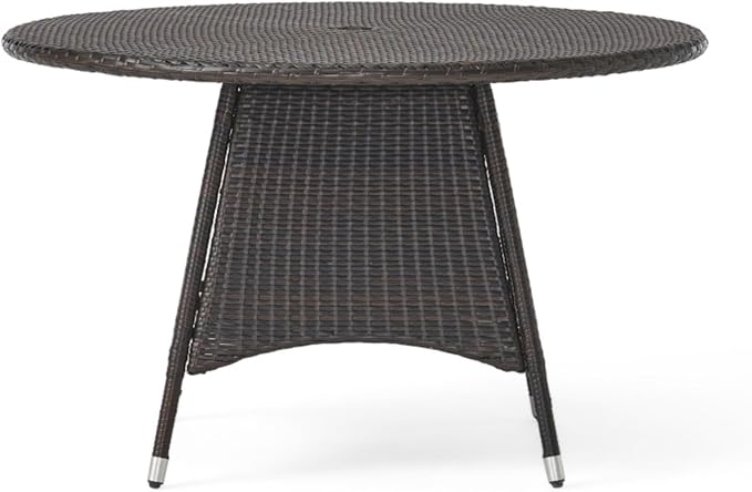 Outdoor Dining Table with PE Wicker Tabletop and Powder Coated Iron Frame Water Resistant Design Durable Construction for Patio Garden Backyard Modern Style Circular Tabletop