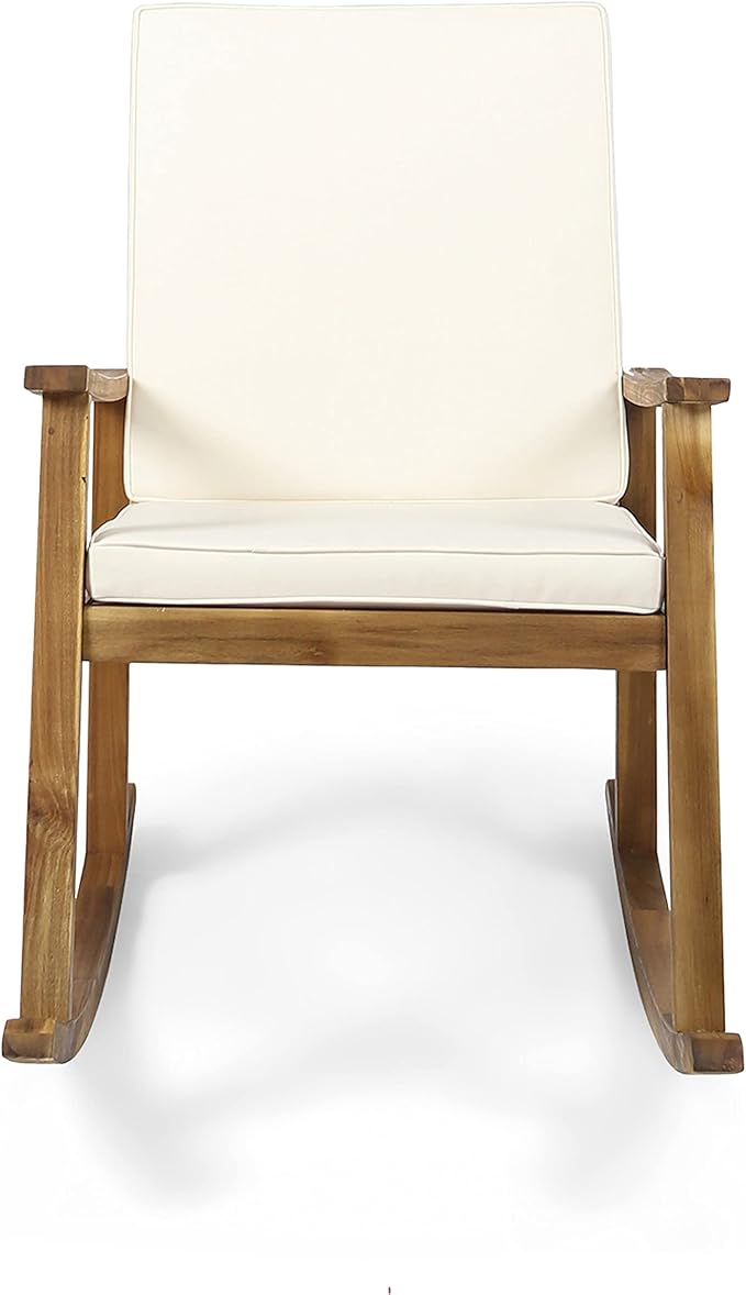 Outdoor Rocking Chair with Armrests and Cushions, Acacia Wood Structure, for Garden, Patio or Balcony, Teak - Photo 6