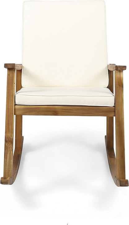 Outdoor Rocking Chair with Armrests and Cushions, Acacia Wood Structure, for Garden, Patio or Balcony, Teak