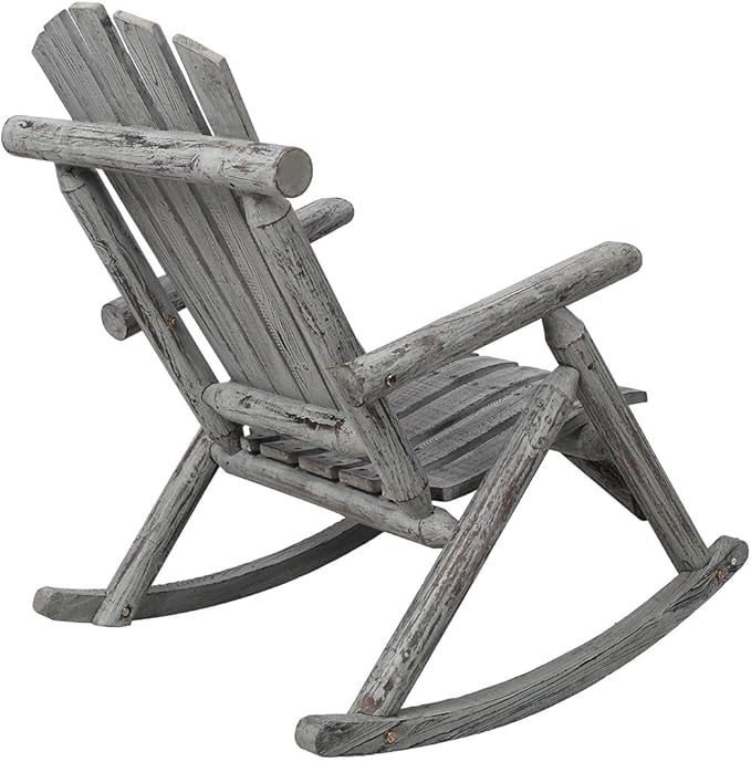 Outdoor Cedar Log Rocking Chair for Adults, Heavy Duty Wooden Porch Rocker with High Back & Ergonomic Slatted Seat, 330 LB Capacity Rocking Chair for Patio, Garden, Balcony, Yard,Gray