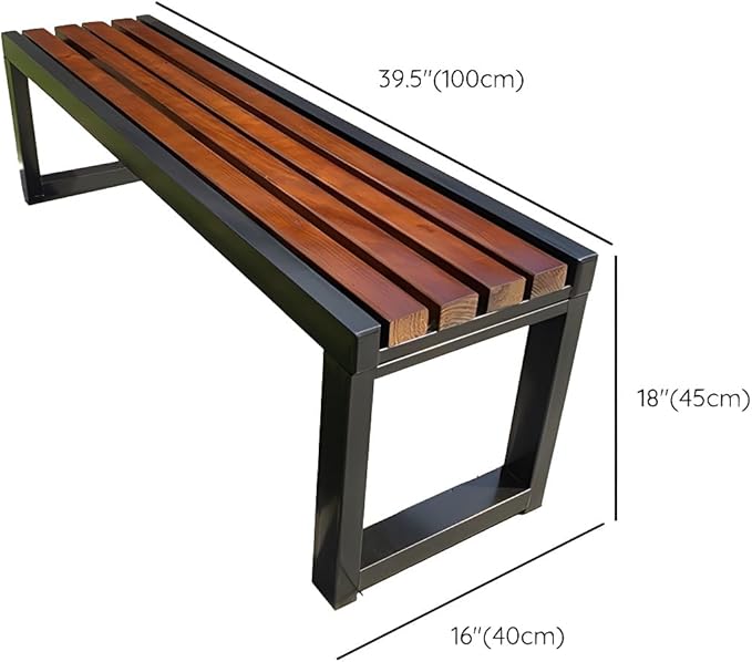 LITFAD Mid-Century Metal Park Bench in Black with Waterproof Wood Seating Gym Rest Bench Patio Bench for Outdoor Use - 39.5" L x 16" W x 18" H