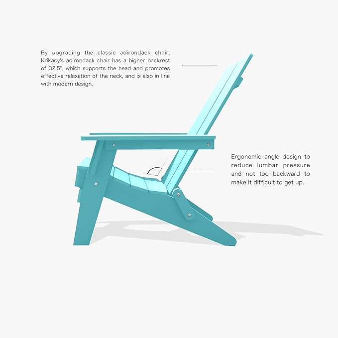 Modern Folding Adirondack Chair, All-Weather HIPS Plastic Outdoor Lounge with Cup Holder, Stackable Resin Patio Chair for Fire Pit, Garden, Deck & Backyard Seating (Teal Blue)