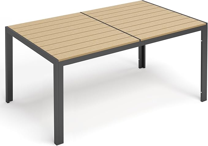 PIZZELLO Patio Dining Table for 6, 59" Rectangular Outdoor Patio Tables with Wood-Like Slat Top, All Weather Metal Outdoor Dining Table for Lawn Backyard Garden, Khaki