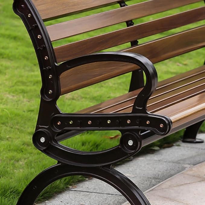 LITFAD Outdoor Bench Modern Park Bench with Corrosion Resistant Metal Frame, Dark Brown Wooden Seating with Backrest, Garden Bench for Patio, Lawn, Yard, Porch - Type G, 59" L x 23.5" W x 31" H