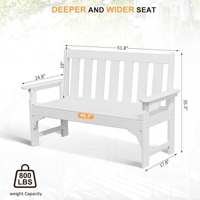 nalone Outdoor Bench, HDPE All Weather Patio Bench Load up to 800 Lbs, 2-Person Garden Bench Rot-Proof Fade Proof for Patio, Porch, and Park (White)