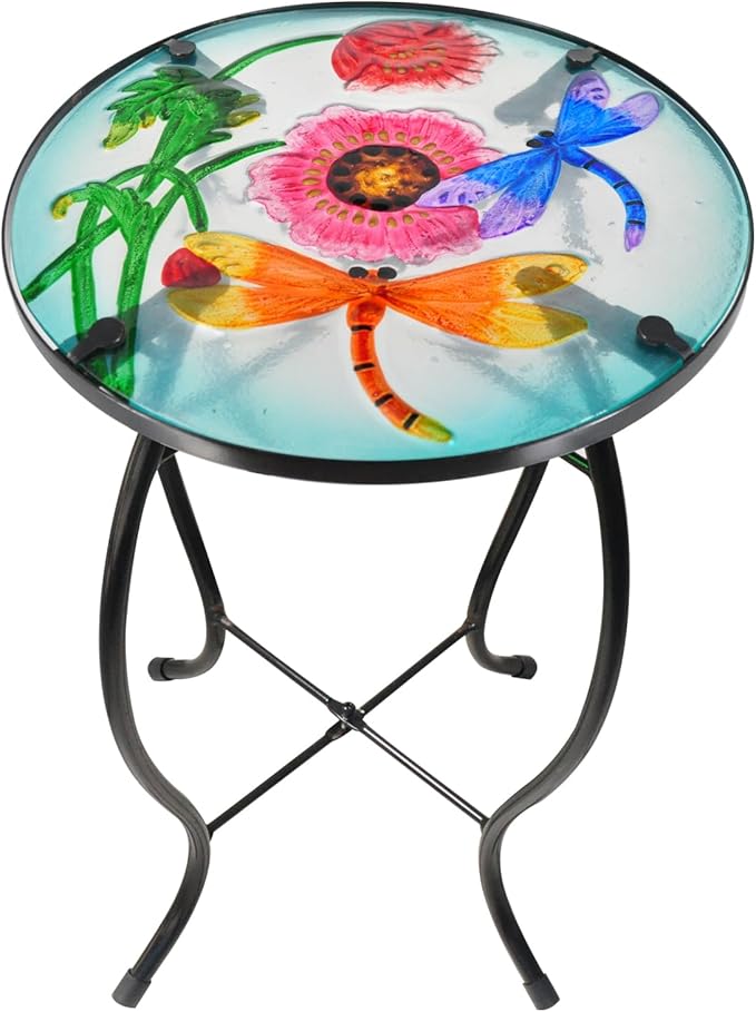 Outdoor Table Small Patio Side Table Metal Glass End Table Plant Table Decor Garden Balcony Indoor Accent Table