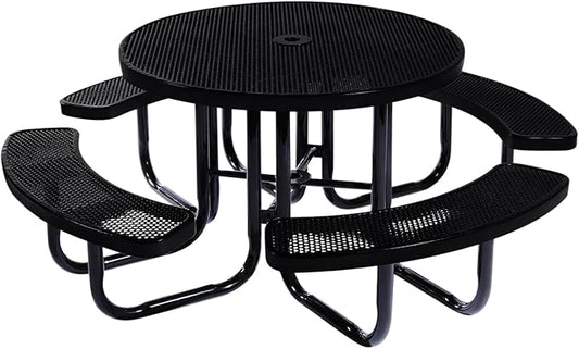 COATEDOUTDOORFURNITURE Heavy-Duty Portable Outdoor Picnic Table with Umbrella Hole, Punched Steel Commercial-Grade Patio Dining Furniture Made in America (46" Round Top, Black)