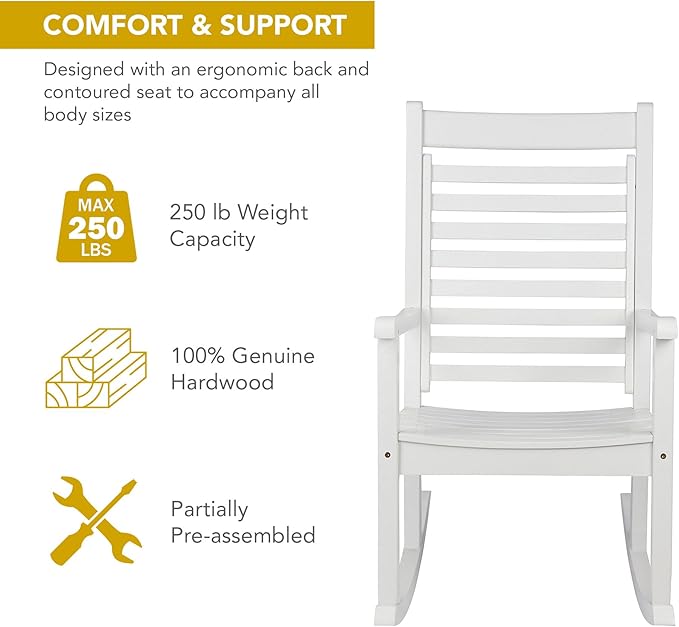 Shine Company Modern Wood Rocking Chair, Ergonomic Wide Seat Porch Rocker, White