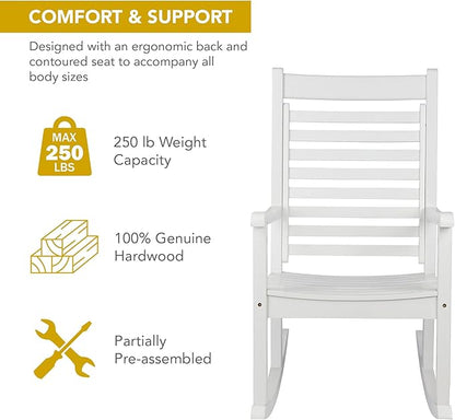 Shine Company Modern Wood Rocking Chair, Ergonomic Wide Seat Porch Rocker, White